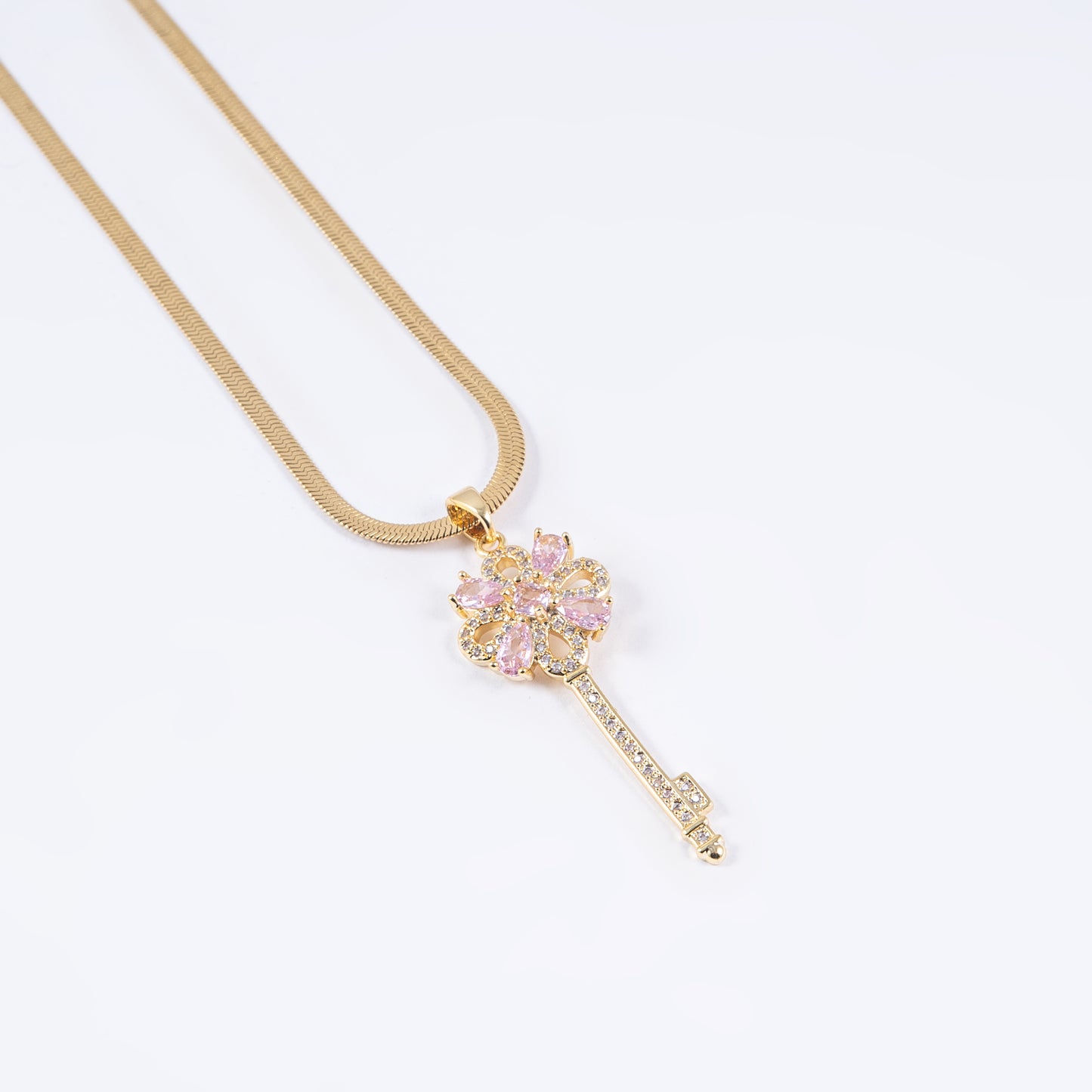 Key Pendant with Pink & White Stones with Chain