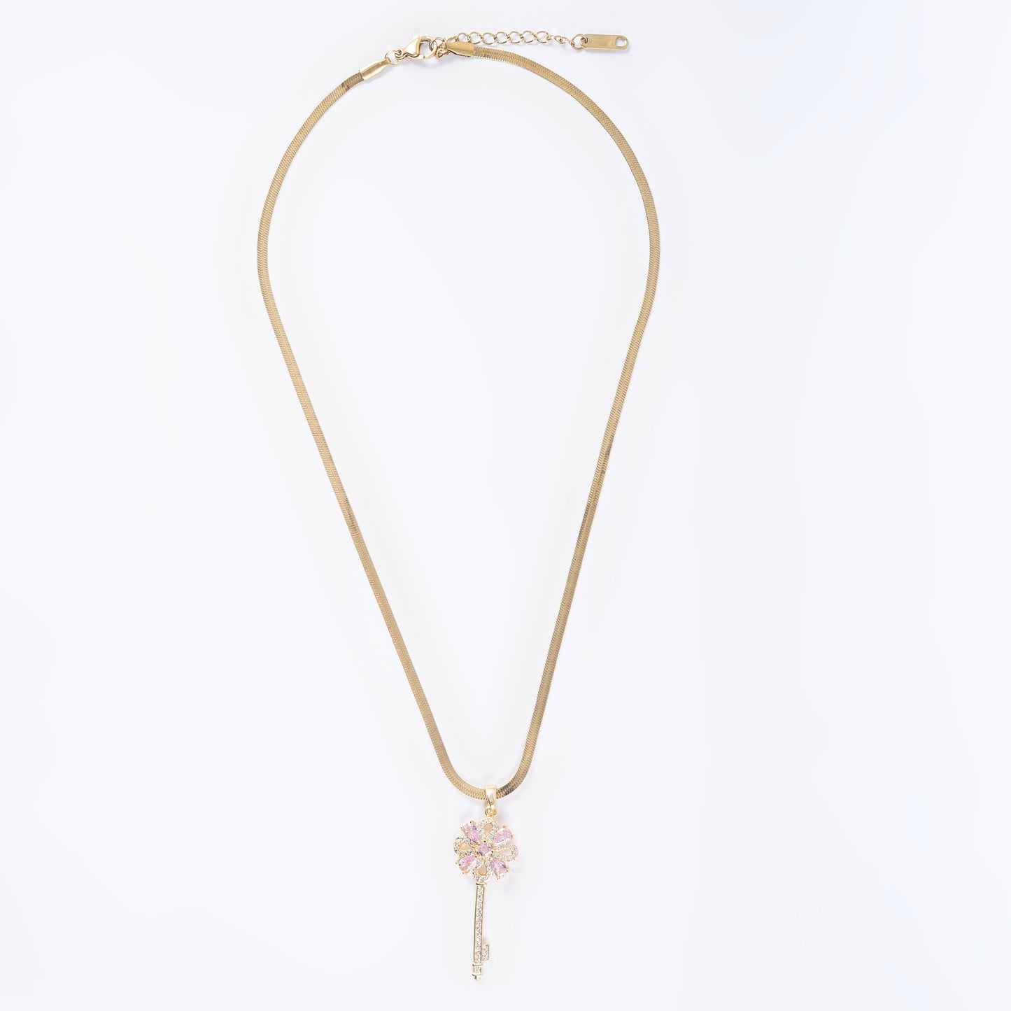 Key Pendant with Pink & White Stones with Chain