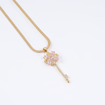 Key Pendant with Pink  & White Stones with Chain
