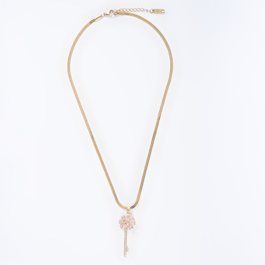 Key Pendant with Pink  & White Stones with Chain